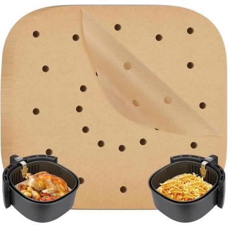 100 Feuilles Papier pour Friteuse à Air,Papier sulfurisé Carré de cuisson,Perforé Papier Cuisson Air Fryer,Carré Papier à Vapeur (1/4)