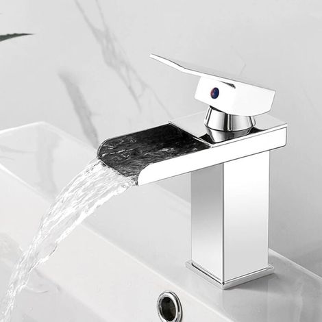 Waterfall Bathroom Sink Faucet, Stainless Steel Basin Faucet with Waterfall Spout, Single Hole Basin Mixer Tap, Chrome, Short MUMU