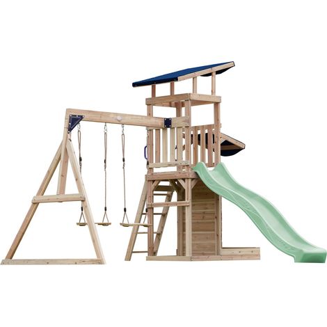 Axi Malik Aire De Jeux En Bois Avec 2 Balançoires, Toboggan Vert Pastel/ Aire De Jeux Extérieur, Bac À Sable, Mûr De Jeux/Toboggan Avec Raccordement À Eau Portique Balançoire/Jeux En Bois Extérieur