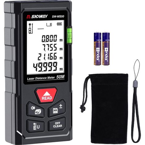 Outil de mesure laser, télémètre laser numérique de 50 m avec niveaux à bulle, écran LCD rétroéclairé, étanchéité IP54, mesure de surface et de volume, et calcul du théorème de Pythagore. (1/5)