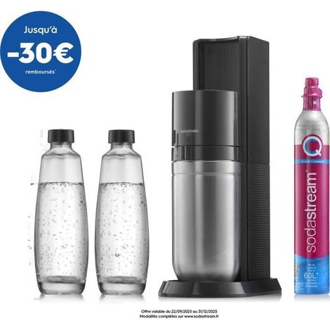 Machine à soda et eau gazeuse – SODASTREAM DUO Noir – 2 carafes en verre 1L – Recharge de gaz 60L – Compatible bouteilles sans BPA