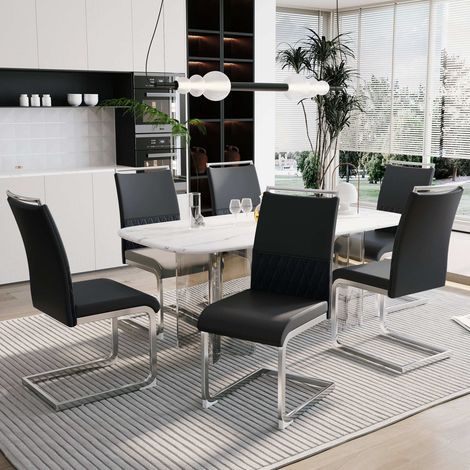 Lot de 6 chaises de salle à manger noires en similicuir PU et lin, dossier haut rembourré à bandes horizontales, assise mousse 7 cm, pieds métal (1/5)
