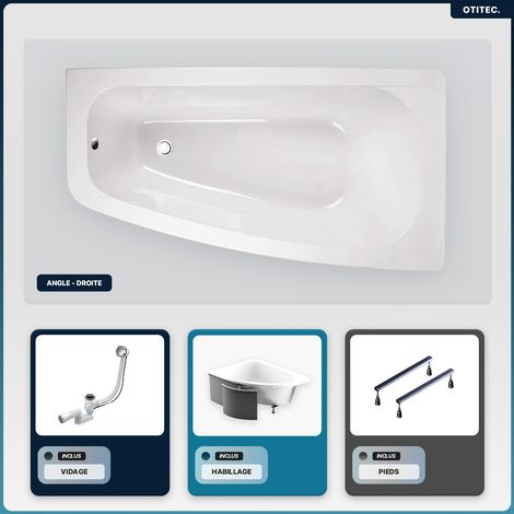 Baignoire asymétrique - 150 x 80 cm - Droite - avec Habillage - Pieds - Vidage Chrome - LUNA (1/5)