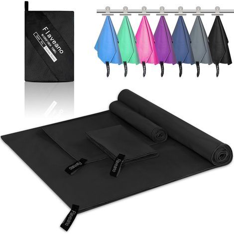 Set di 3 asciugamani in microfibra ad asciugatura rapida per campeggio, nuoto, spiaggia, palestra e sport (180 x 90 cm, 80 x 40 cm, 50 x 30 cm), nero puro (1/5)