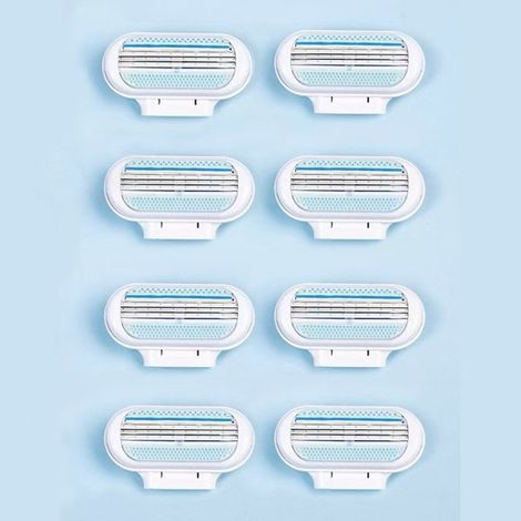Rasoir de sécurité pour femme avec lames en acier inoxydable 3 couches - pour jambes, aisselles et bikini (8 têtes de rasoir + manche ergonomique bleu) (1/4)