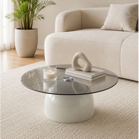 Mesa de centro redonda (70x70x30 cm), de vidrio templado, base estable, acero al carbono, gris (1/5)