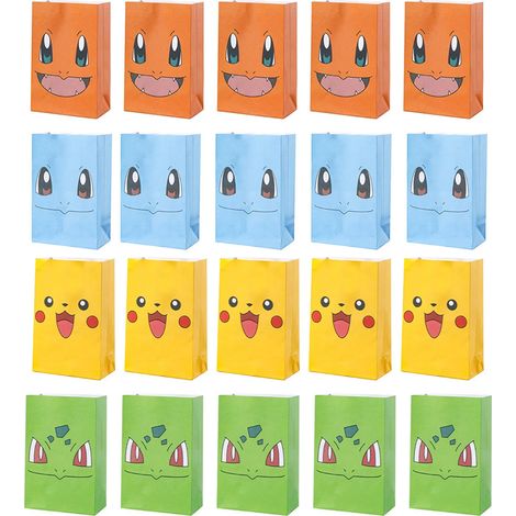 20 sachets cadeaux en papier kraft coloré, motif animaux, pour une fête d'enfants. Jaune, bleu, vert, orange.