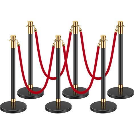 VEVOR 6 PCS Poste de Estaca de Acero Inoxidable de 1,5 m con Base Hueca de Inyección de Arena y 4 Cuerdas de Terciopelo Rojo, Barreras de Control de Multitudes para Teatro, Fiesta, Boda, Negro