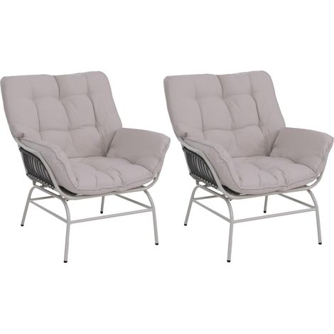 [NON UTILIZZATO] Set di 2 poltrone lounge HHG-736, poltroncina lounge, tessuto 220 g/m² polyrattan metallo, grigio chiaro, cuscini beige (1/5)