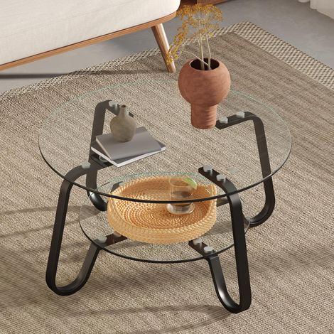 Retro minimalistischer Stil Metallrahmen Doppelschicht gehärtetes Glas Couchtisch, fügt einen Hauch von Eleganz zu Ihrem Wohnzimmer (1/5)
