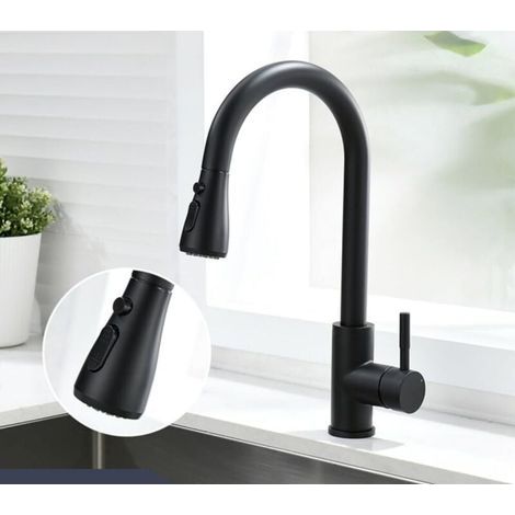 Küchenarmatur mit ausziehbarer Brause, schwarz. 360° schwenkbarer Spültischmischer mit 3 Strahlarten. Einhebelmischer. Warm- und Kaltwasseranschluss. (1/5)