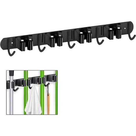 Porte-balai Mural sans Perçage - Rangement Pratique - tout noir 43cm - 4 Clips 5 Crochets (avec vis + 3M autocollants) (1/5)
