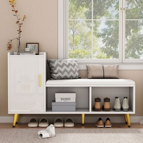 Meuble À Chaussures 120x35x71,5cm Blanc Brillant avec Coussin - Banc À Chaussures - Étagères Réglables Pieds Dorés Pour Entrée (1/5)