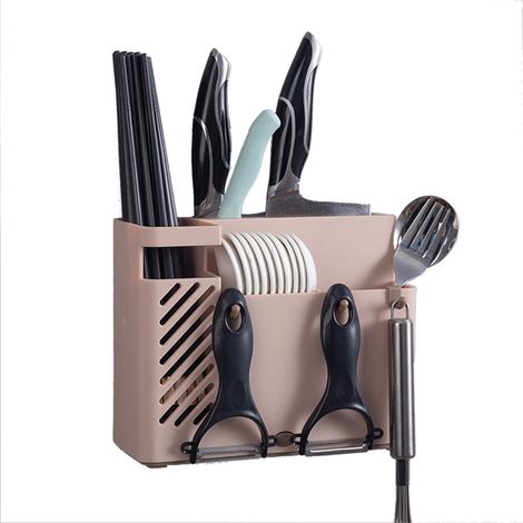 Porte-couverts mural multifonction rose pour cuisine, rangement et séchage des baguettes (1/5)