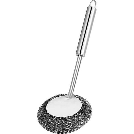 Brosse à casseroles en acier inoxydable avec long manche et éponge à récurer (1/3)