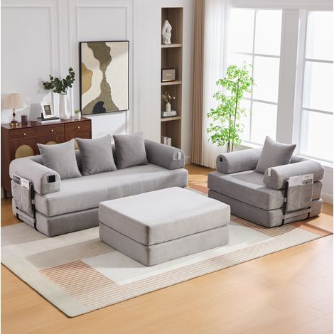 Divano modulare 4 posti in velluto a coste grigio chiaro con pouf e tasca laterale REDOM (1/5)