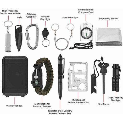 Kit de survie d'urgence : équipement et accessoires pour le camping, la randonnée et les activités de plein air (hommes). (1/2)