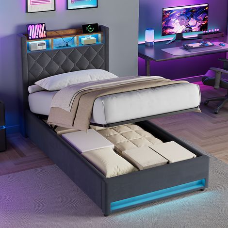 Lit coffre 90x200 cm en velours gris avec LED et USB HAVRYA (1/5)