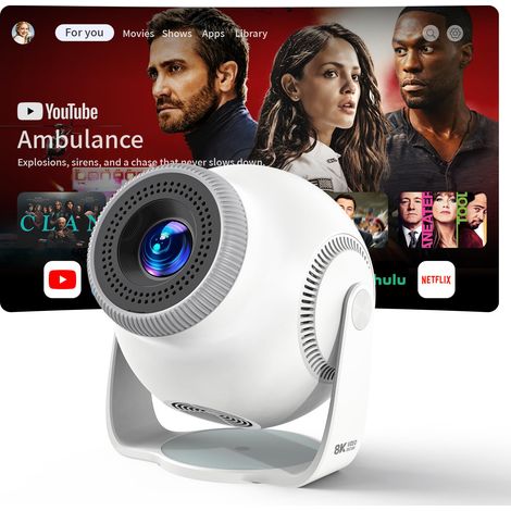 Videoprojecteur, Retroprojecteur 1080P/4K/8K Supporte avec Android 14，450 ANSI Lumens, Projecteur Video Portable avec WiFi 6 Bluetooth 5.4, 270° Rotation, Mini Projecteur pour PC/Lap/Stick/HDMI