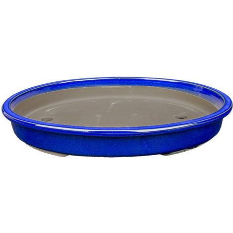 Vaso per bonsai Giapponese Morrisan ovale in gres smaltato blu 28,5x20,5x4 cm - B23-42a (1/4)