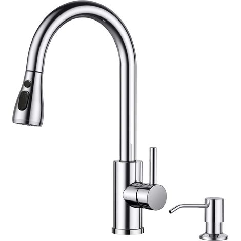 Robinet Cuisine, Mitigeur Cuisine, Pivotant à 360° d'Évier à Arc Élevé Pulvérisateur Escamotable 2 Modes, Acier Inoxydable (1/5)