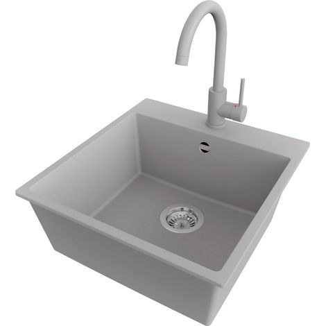 PRIMAGRAN Evier Cuisine en Granit 48x50cm,Lavabo 1 bac + Robinet 32x20cm + Kit de Vidage, Évier à Encastrer au meuble 50cm - Riga, Gris (1/5)