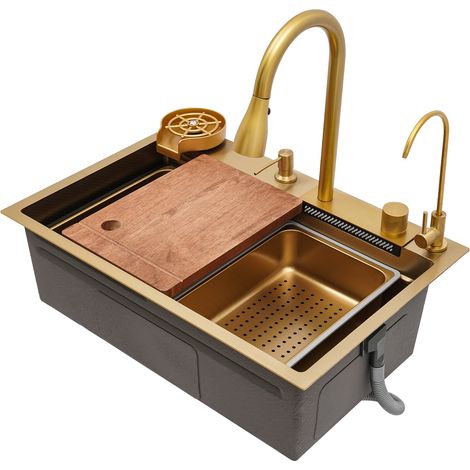Fregadero de cocina multifuncional de una sola cubeta en cascada, color dorado, de 68 x 46 cm fregadero de barra de bar fregadero de trabajo con grifo de caño retráctil y juego completo de accesorios (1/5)