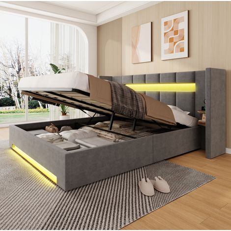Cama doble con almacenamiento USB LED gris oscuro OKMYHOME (1/5)