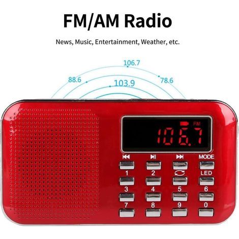 Radio FM/AM portable rechargeable CSPARCV avec port USB et emplacement pour carte Micro SD et lecteur MP3 intégré (rouge)