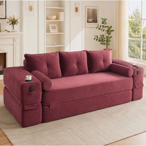 Sofá cama plegable (232x98x80 cm), asiento con muelles, cojines de espuma viscoelástica, tejido de corduroy rojo vino (1/5)