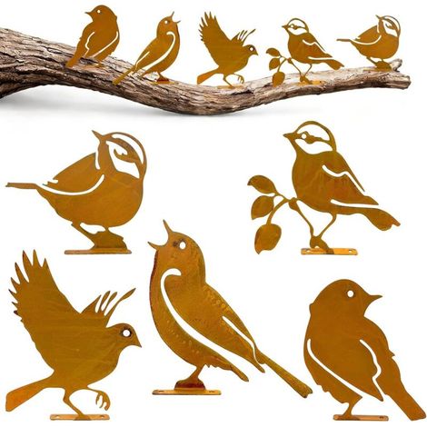 5er-Set Vögel aus Metall in Rostoptik, inklusive Schrauben, für Baum, Zaun, Garten (1/5)