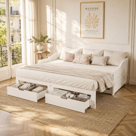 Cama nido extensible 90/180 x 200 cm, sofá cama extensible de madera maciza con 2 cajones de almacenaje, somier de láminas, blanco (1/5)