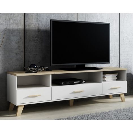Meuble TV décor chêne & blanc brillant 180 cm Colin (1/3)