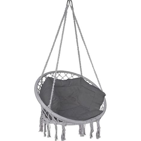 Fauteuil suspendu à pompons avec coussin d'assise confortable et kit de suspension résistant Ø80 cm, balancelle d'intérieur et d'extérieur, gris