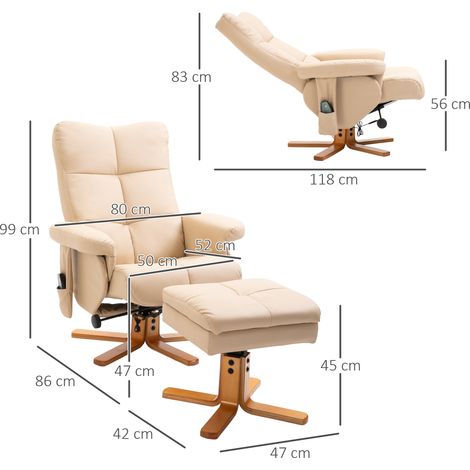 Fauteuil inclinable avec repose-pieds, fauteuil TV pivotant à 360° avec fonction massage, fonction inclinable, fauteuil de massage avec poche latérale, fauteuil TV, similicuir pour salon, blanc crème (1/5)