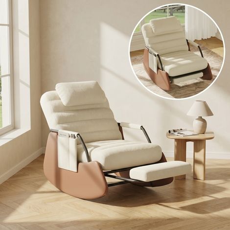 Rocking chair 91,5x67x92 cm avec inclinaison réglable, repose-pieds rétractable et appui-tête Confort - Velours côtelé - Beige