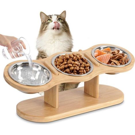 Un set di 3 ciotole per gatti regolabili in altezza, con base in legno, ciotola per l'acqua in acciaio inox e ciotola per il cibo, adatte a cani di piccola taglia. (1/4)
