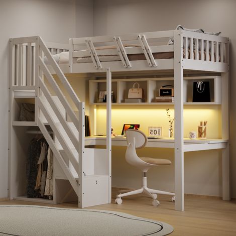Cama alta de madera blanca 90x200 cm con escritorio, escalera almacenaje, LED y enchufes