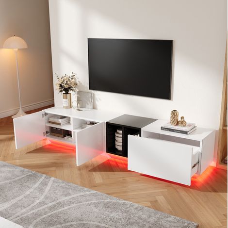 meuble tv rangement 190 cm blanc noir bois contemporain OKMYHOME (1/5)