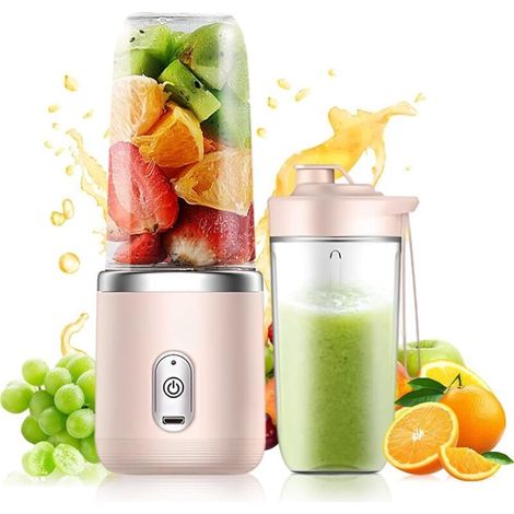 Mixeur portable, 400 ml, avec gobelet de rechange, rechargeable par USB, petit blender à emporter avec 6 lames, mini blender pour milkshakes, jus, smoothies (rose) (1/5)