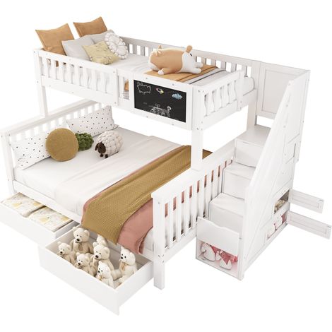 Letto a castello in legno massello bianco 90x200 + 140x200 cm con scala contenitore, cassetti e rete inclusa (1/5)