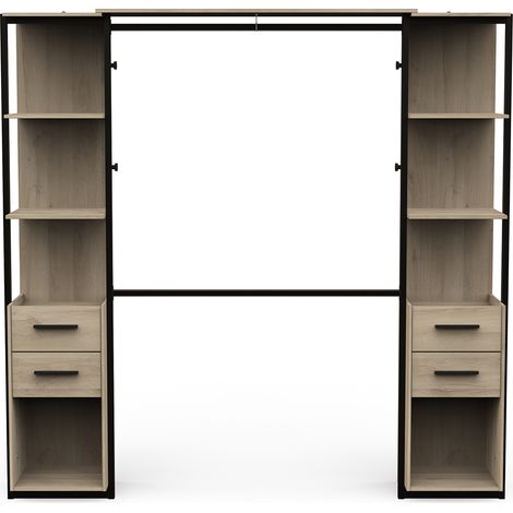 Pegane – Kit dressing 2 colonnes chêne naturel et métal noir – Largeur 210 cm – Profondeur 41,5 cm – Hauteur 204,4 cm – 2 tiroirs et penderie (1/5)