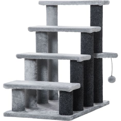 Haustiertreppe Katzentreppe Mit Kratzbaum Ball 4-Stufige Hundetreppe Tiertreppe Spanplatte Plüsch Jute Grau 60 X 40 X 64 Cm