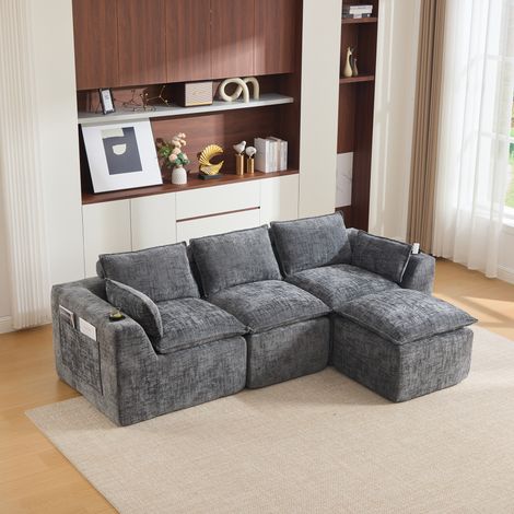 Canapé modulable 3 places avec pouf,porte-gobelets et poches latérales,tissu en chenille gris,dimensions 256 x 161 x 75 cm