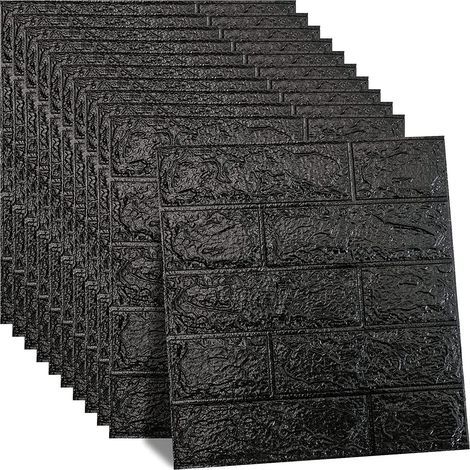 10 Pièces Papier Peint Brique 3D, Adhesif Imitation Brique Blanc Stickers Muraux, Étanche pour Décoration, Bricolage panneau mural decoratif pour Chambre Maison Cuisine (35x38.5 cm, Noir) (1/5)