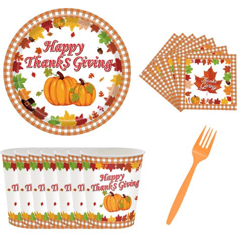 Ensemble de vaisselle jetable pour Thanksgiving : assiettes en papier (7 et 9 pouces), gobelets, serviettes et nappes (1/4)