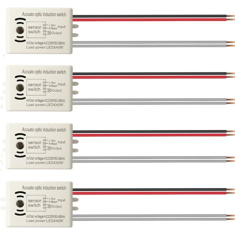 Lot de 4 Interrupteurs de Commande de Son et de Lumière LED 220V 50Hz 40W 4 Fils, Module de Capteur à Induction à Commande Vocale Haute Sensibilité, Interrupteurs Muraux (1/4)