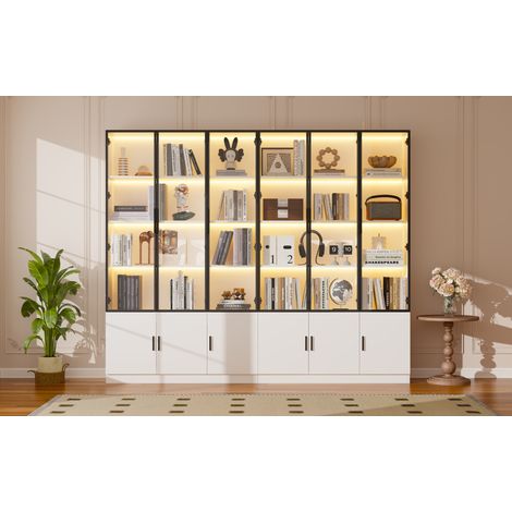 Vetrina alta in MDF e vetro bianco 240 x 32 x 200 cm con LED e 12 ante MODENUIT (1/5)