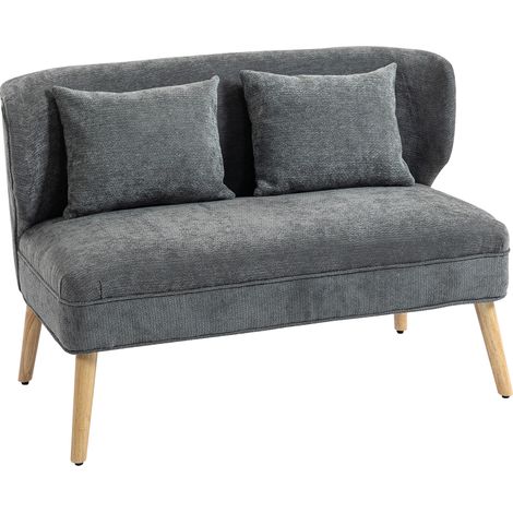Canapé 2 places chenille gris, petit canapé dossier oreilles, assise épaisse, pieds hévéa