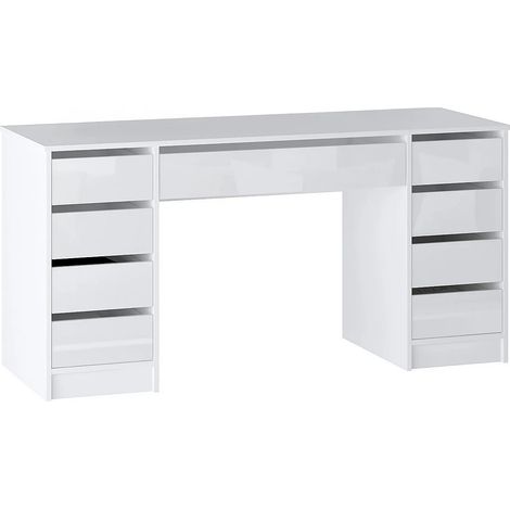 Vente-Unique – Bureau droit 9 tiroirs – Blanc brillant – Panneau de particule mélaminé – Longueur 152.3 cm – Hauteur 76 cm – Éco-responsable (1/5)